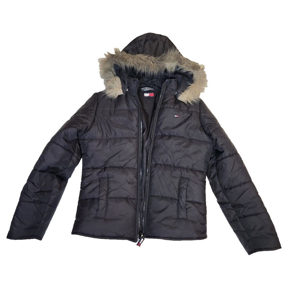 Vtg Y2K Tommy Hilfiger Black Puffer Jacket Faux Fur Trimmed Hood Women's Sz L